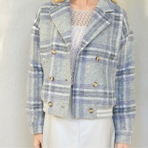 Mystree Light Blue and Gray Plaid Pea Coat